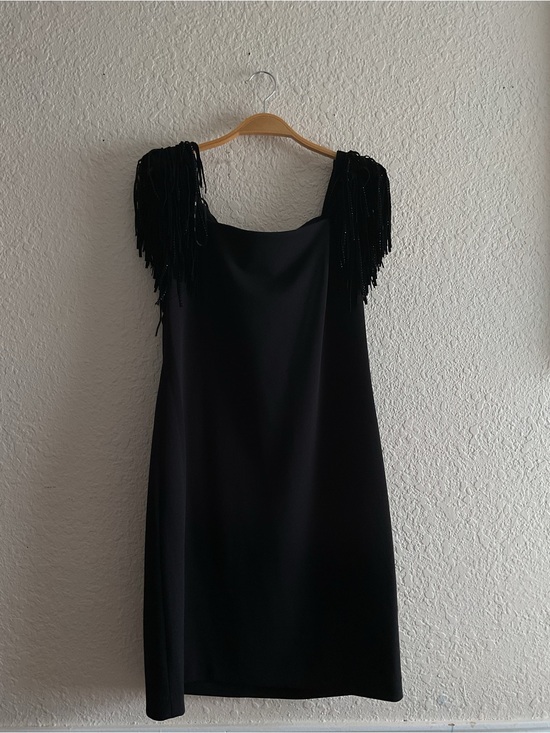 Dkny Dresses & Skirts - DKNY Black Mini Dress with Beaded Fringe Shoulders